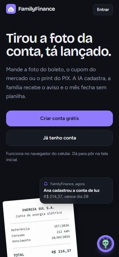 Tela do FamilyFinance no celular